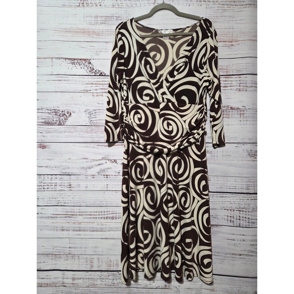 London Times Womens 16W Faux Wrap Dress Brown Cream Swirl Geometric Midi Dress
